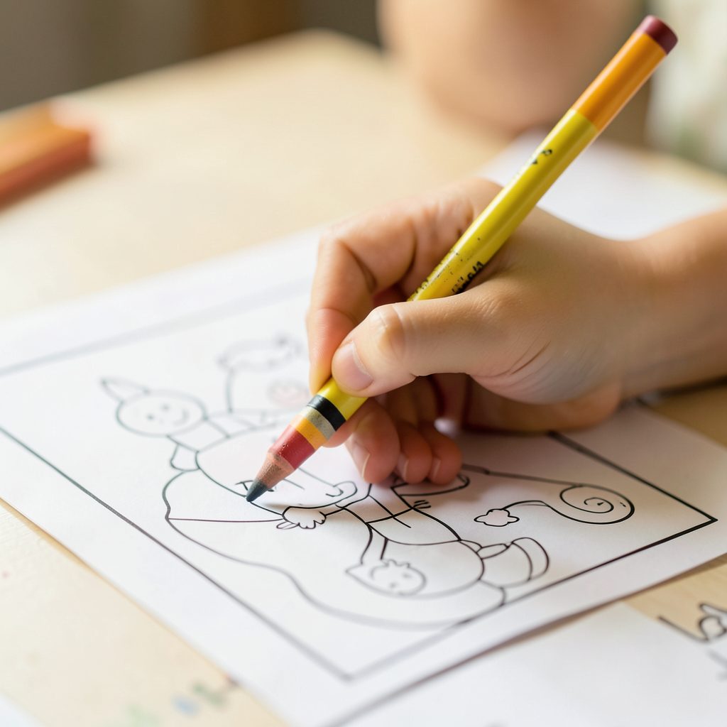 A cream-background close-up of a child's hand holding a crayon over a coloring page, soft natural light, warm and nurturing