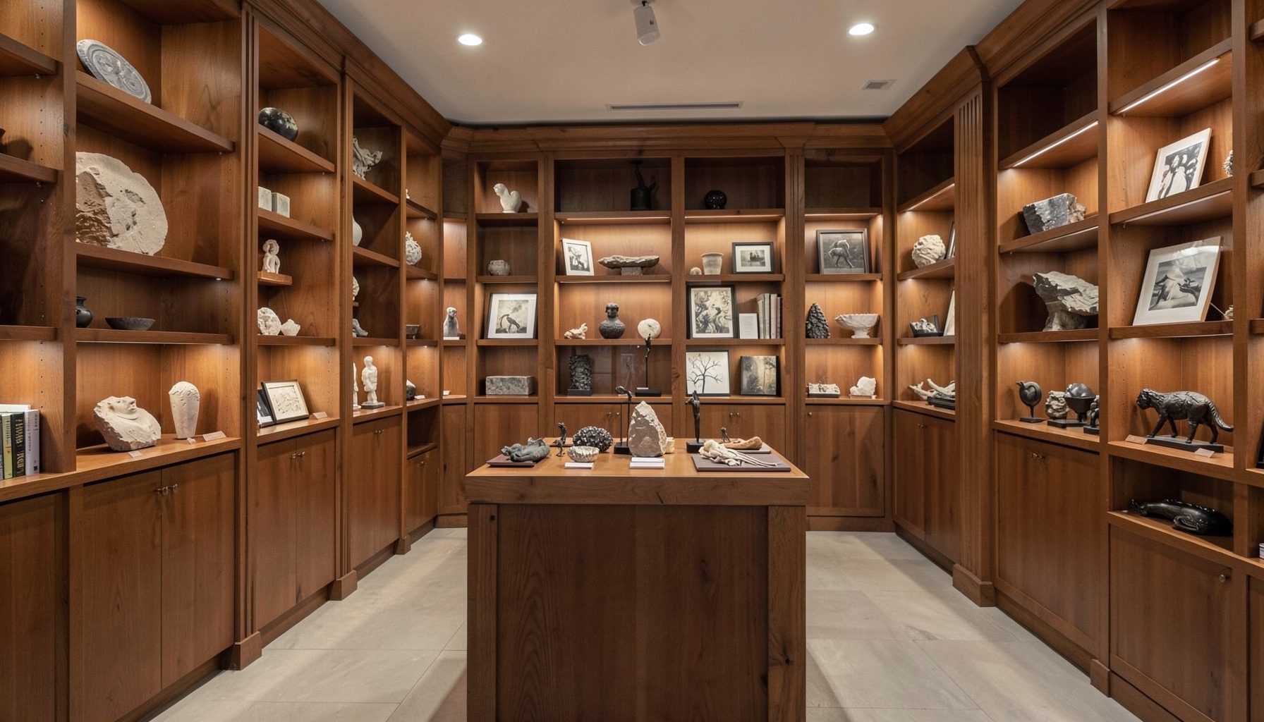 A cultural bookstore interior with tall wooden shelves, soft ambient light, and a display combining archaeological artifacts with modern artworks.