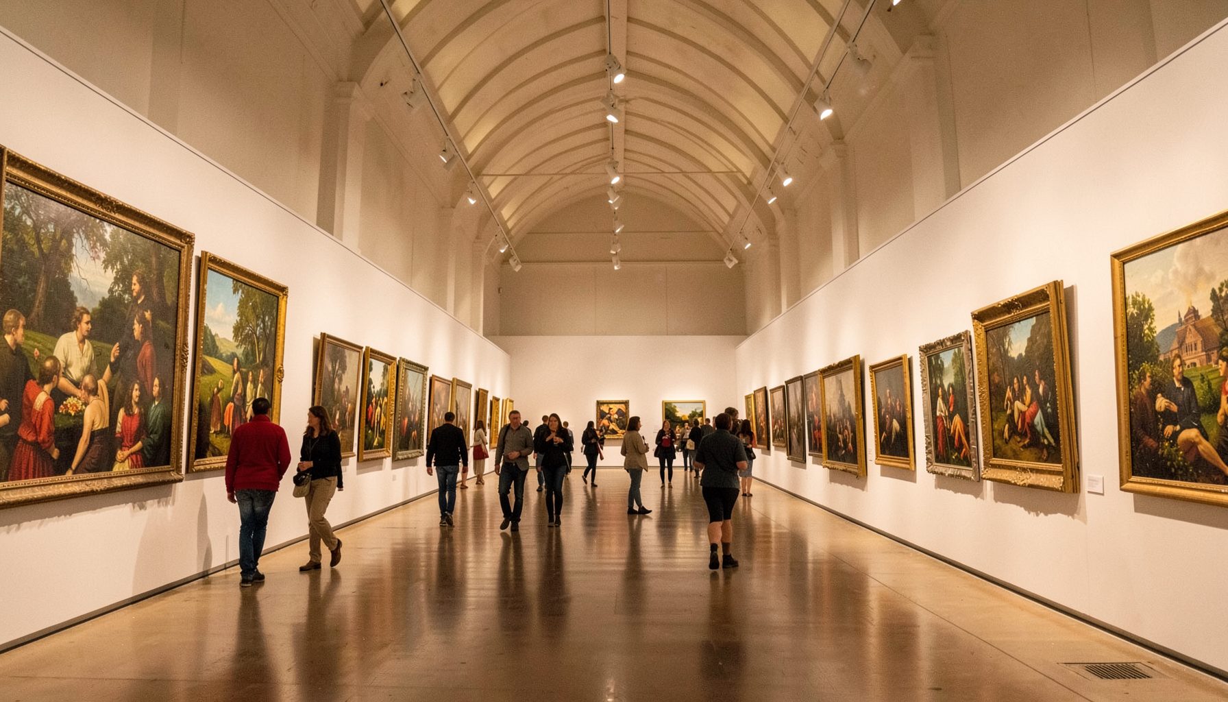 A grand exhibition hall with high ceilings and warm lighting, rows of framed paintings on white walls, visitors strolling in small groups.