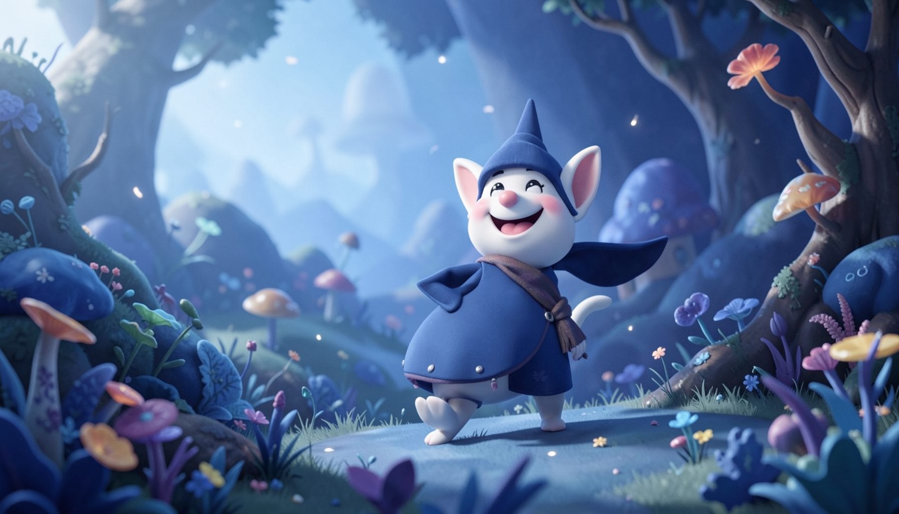 A navy-blue accented fantasy scene with a cheerful cartoon character in a whimsical landscape, gentle and imaginative