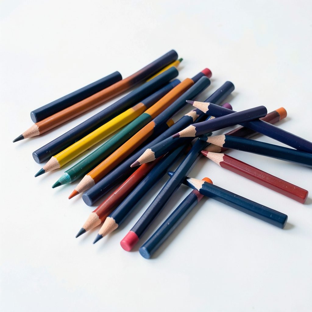 A navy-toned still life of colored pencils arranged on a white surface, clean and orderly