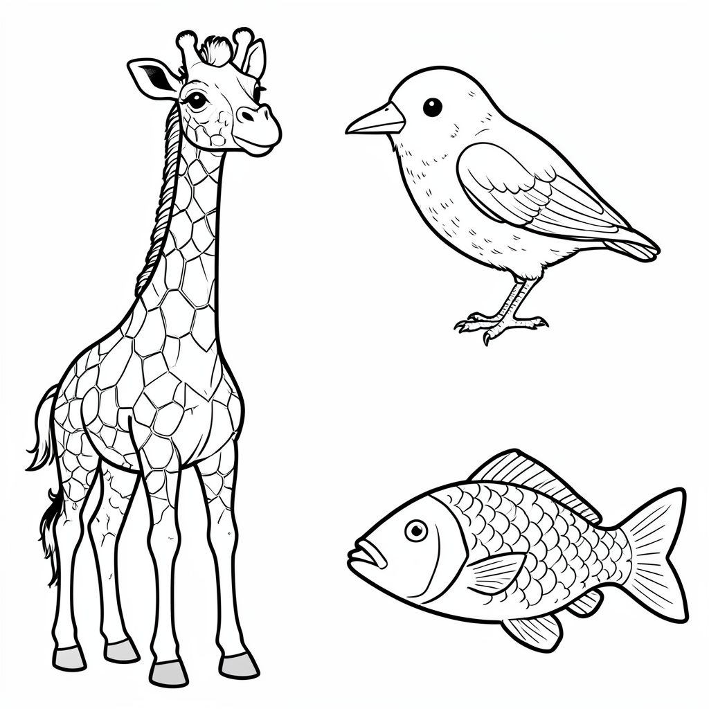 A playful assortment of animal coloring outlines including a giraffe, bird, and fish in black line art on white backgrounds