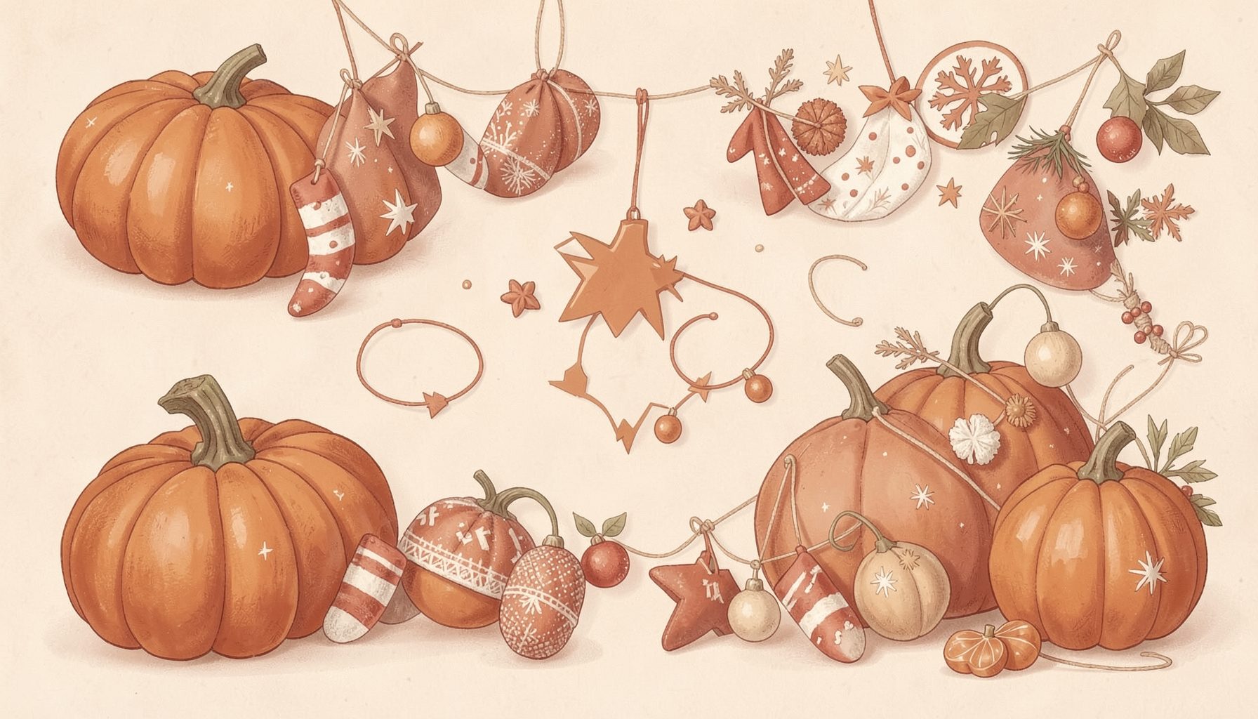 A terracotta and cream seasonal illustration of holiday-themed objects including pumpkins and festive decorations, cozy and cheerful