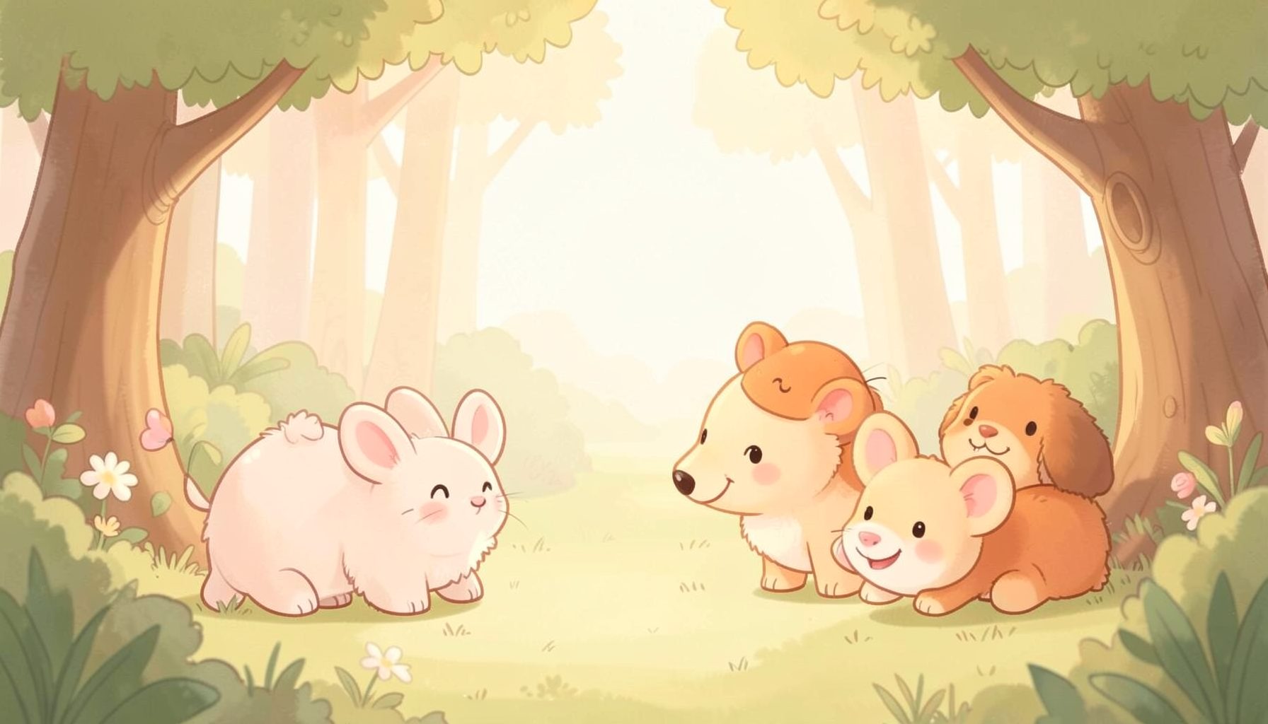 A warm cream-toned illustration of friendly cartoon animals in a playful forest scene, soft and inviting
