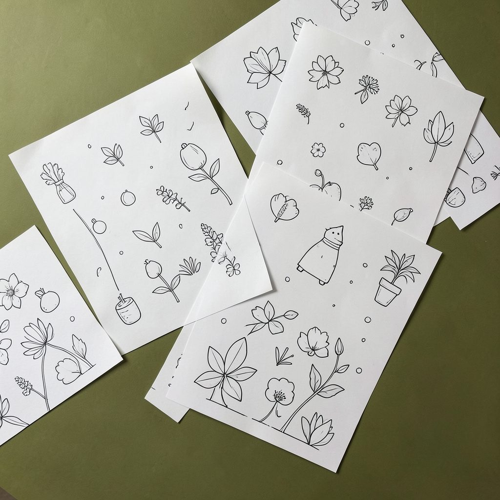 An olive-green accented flat lay of printed coloring sheets with simple line drawings, relaxed and creative