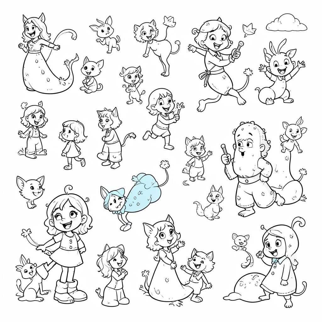 Cartoon and fantasy character outlines featuring whimsical figures and playful scenes in simple black line drawings