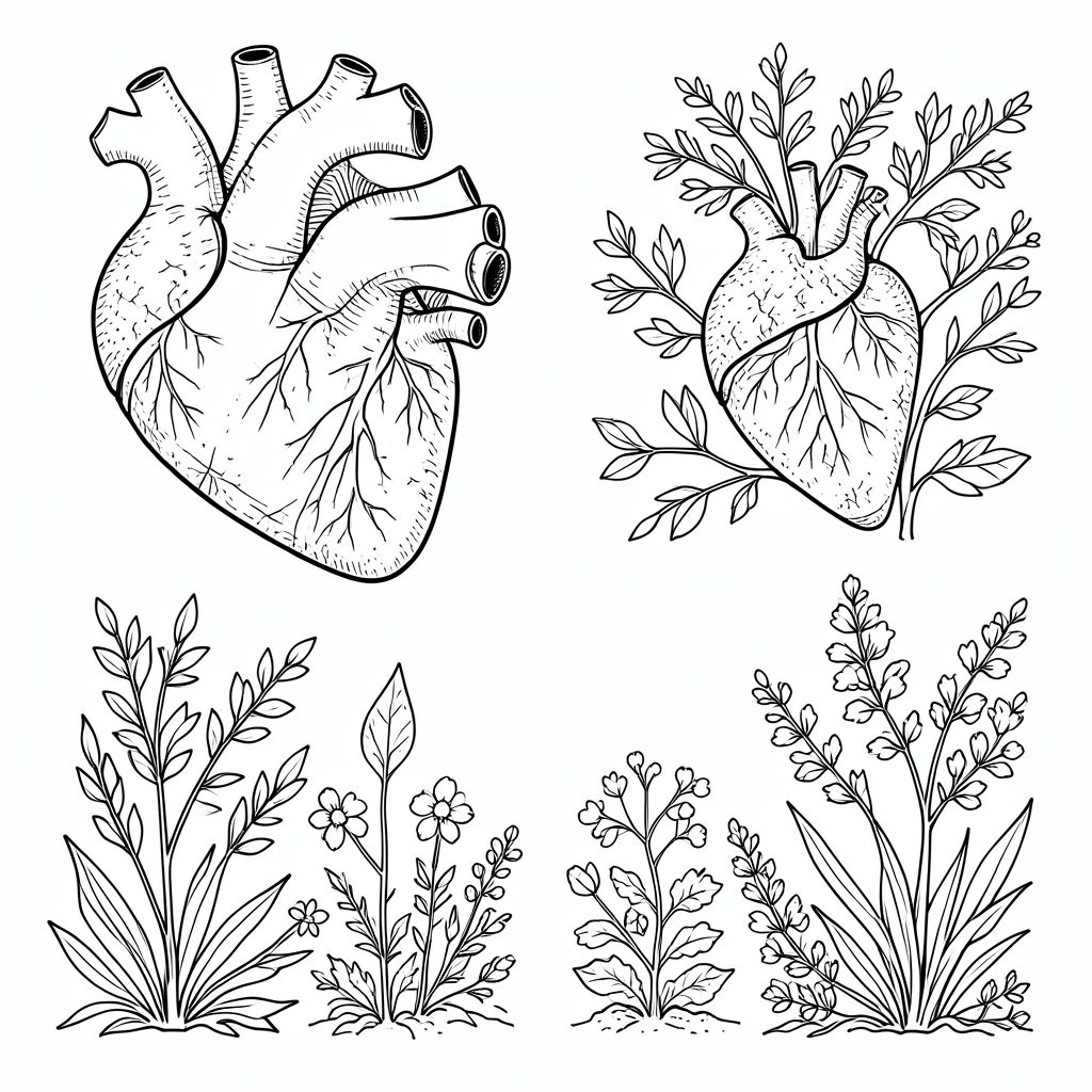 Educational coloring outlines including an anatomical heart diagram and nature studies in detailed black line drawings