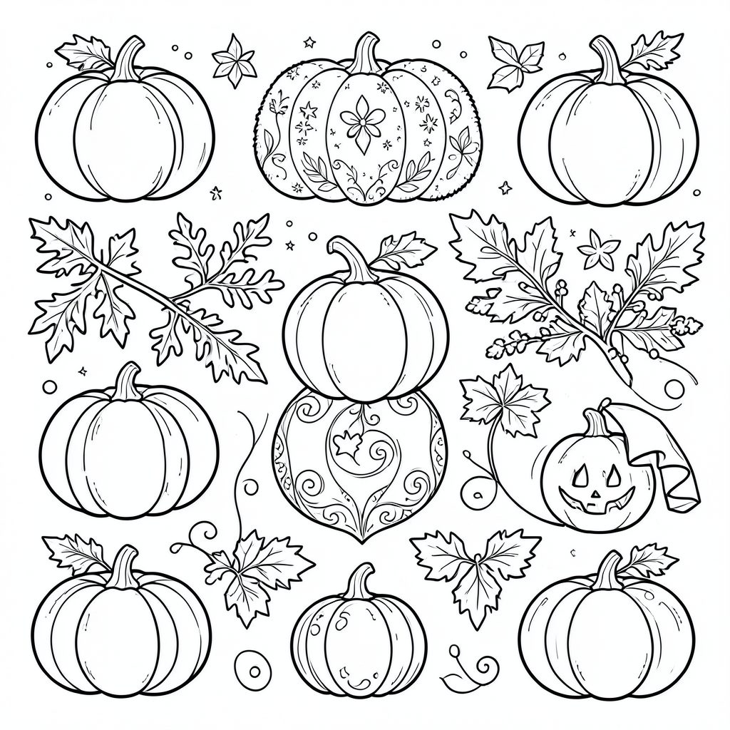 Holiday and seasonal coloring outlines with festive motifs like pumpkins and decorative patterns in simple line art