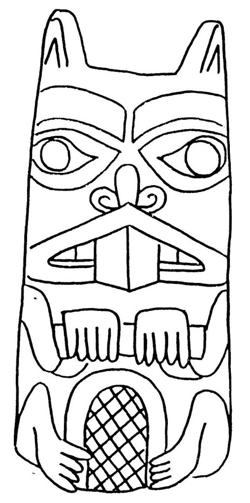 Black and white line drawing of a stylized totemic animal face design with geometric patterns and small figures at the base, bold and playful