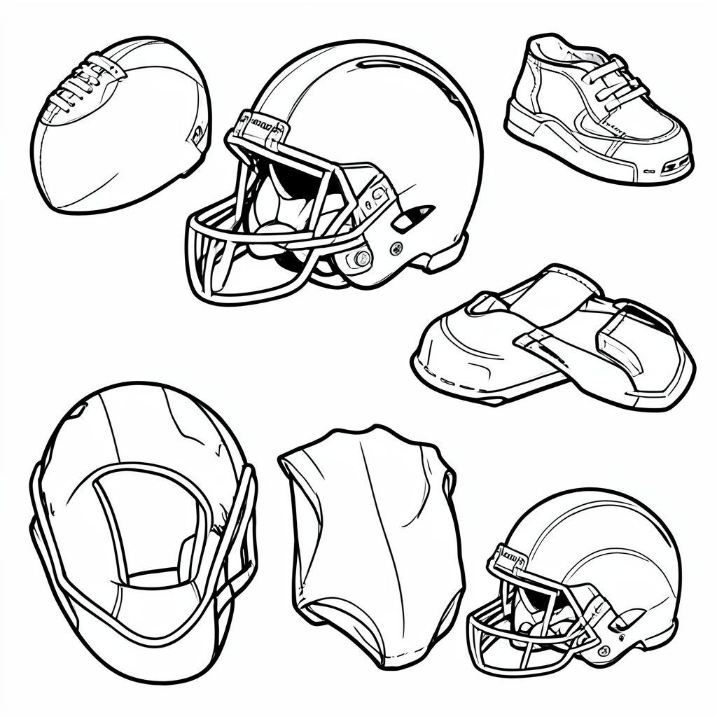 Sports-themed coloring outlines with a football helmet and other athletic gear in bold black line drawings