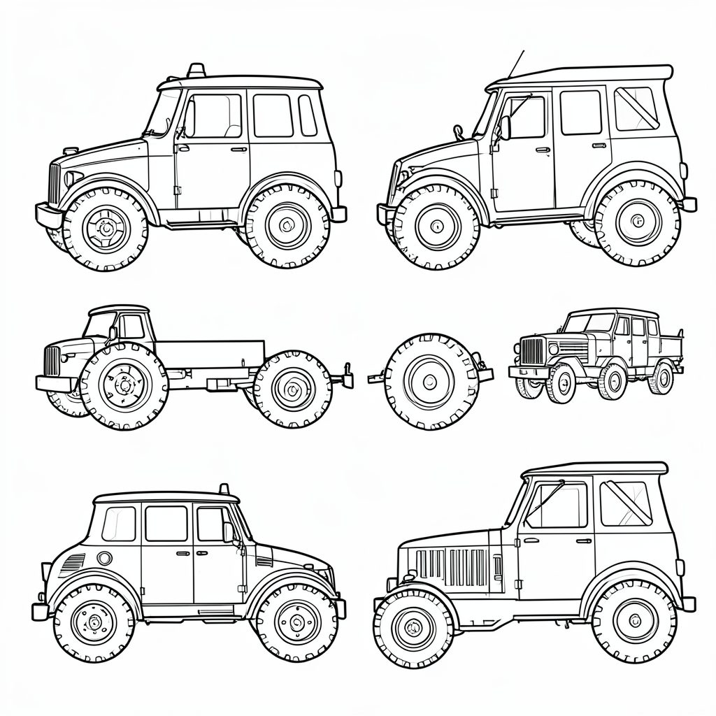 Vehicle-themed coloring outlines including a four-wheeler and other transportation drawings in clean black line art